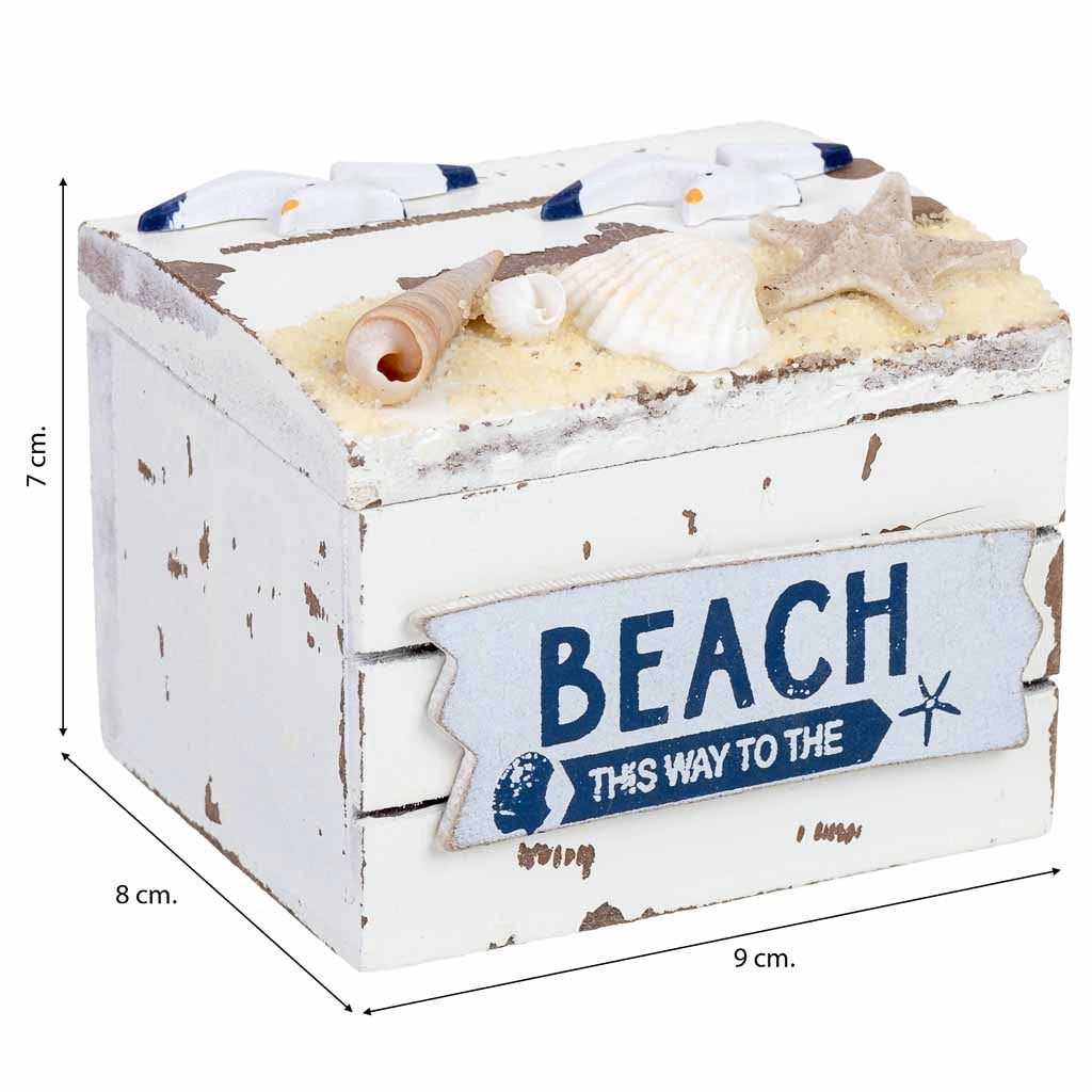 Scatola in legno bianco con conchiglie 9x8x7h cm