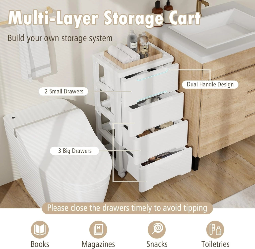 Armadietto per nicchia con ruote, scaffale per nicchia con 7 cassetti, carrello stretto con serratura a rotelle, carrello da bagno con piccolo armadio a cassetti 40 x 32 x 114 cm, bianco