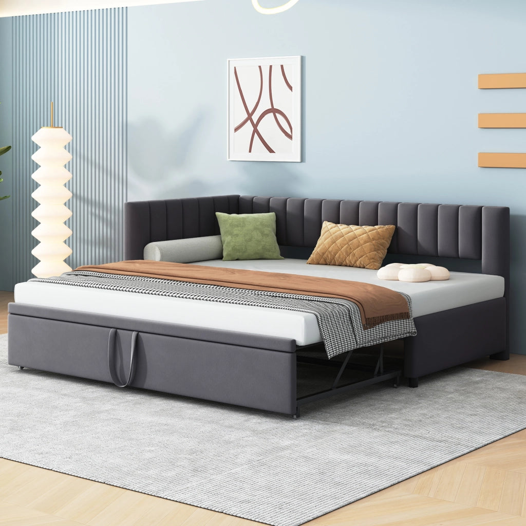 OKWISH Letto a Divano 90×200 cm, Letto Singolo con Letto Estraibile e Testiera, 90×200 cm e 180×200 cm, senza Materasso, Grigio