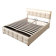 Letto contenitore matrimoniale 180×200 cm con LED; rete sollevabile; senza materasso; velluto; beige