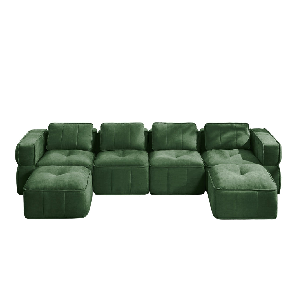 Divano panoramico a U modulare 4 posti senza struttura con 2 pouf in poliestere verde per soggiorno