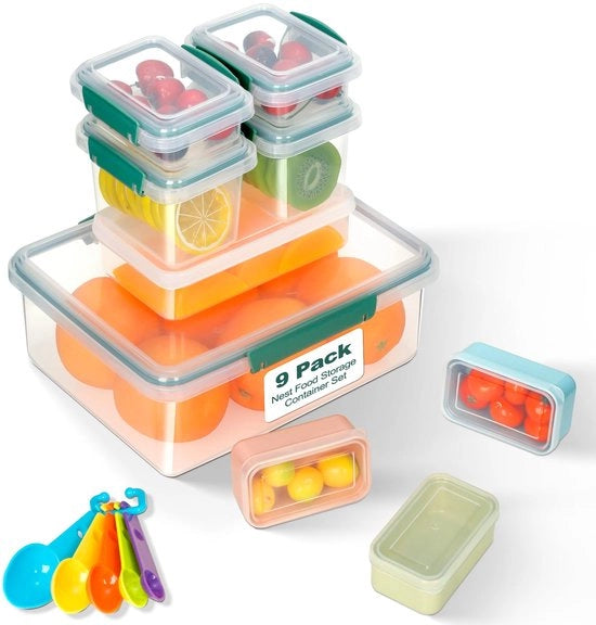 Set di contenitori alimentari 9 pezzi con coperchio, scatole ermetiche, resistenti al lavastoviglie, al forno a microonde, BPA-free, inclusi 5 set di misure.