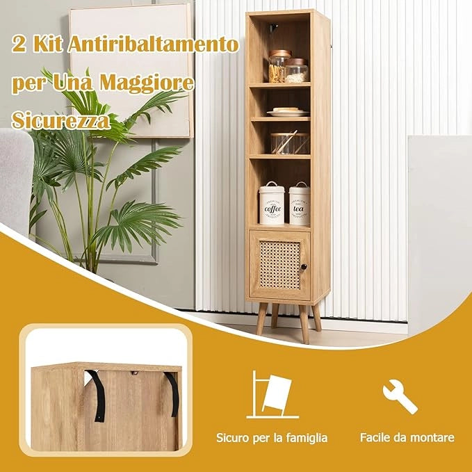 Libreria Scaffale con Anta in Rattan Naturale, Scaffale Legno in Stile Boho con 3 Ripiani Regolabili in 12 Posizioni, per Soggiorno Cucina e Camera da Letto, 29,5 x 29,5 x 137 cm (Naturale)