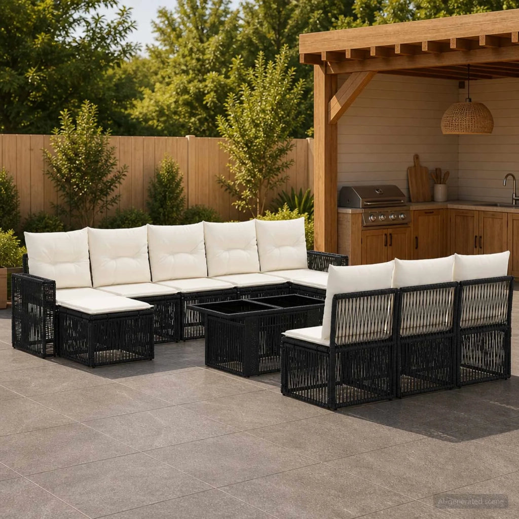 Set Divano da Giardino 11 pz Nero e Bianco Crema polyrattan 3436846
