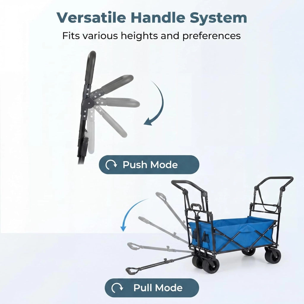 Carrello Spiaggia Pieghevole con Tetto, Carrello da Trasporto con Ruote Grandi e Borsa Portatutto, Carrello da Campeggio e Giardino, in Acciao Resistente, Chiusura Rapida, 100 KG, 100L (Blu)