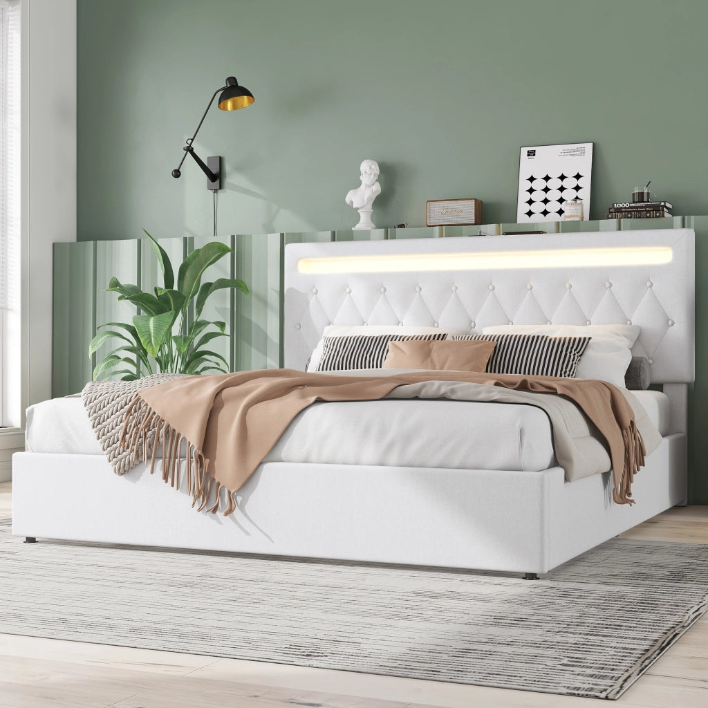 LETTO 180x200 cm imbottito con sollevamento idraulico, bianco, USB