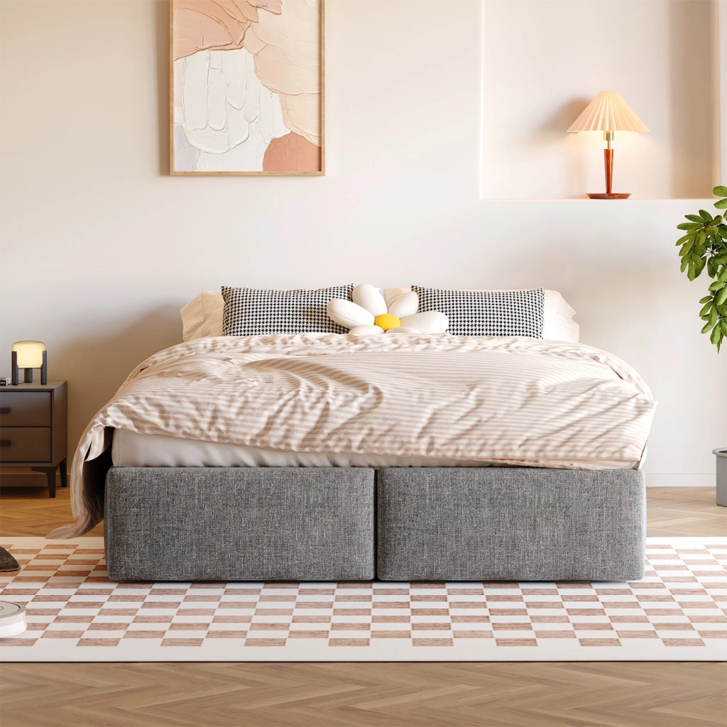 Letto imbottito 140x200 cm, matrimoniale, senza testiera, con contenitore, 2 cassetti, grigio