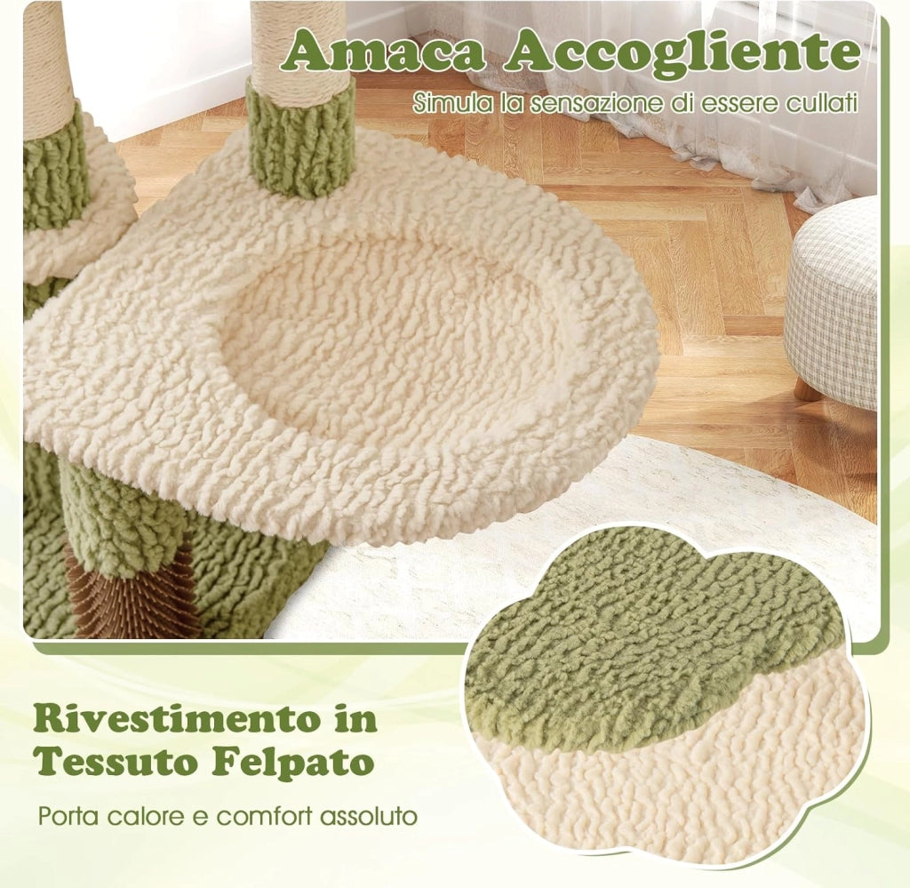 Tiragraffi per Gatto Alto 100 cm, Albero Tiragraffi Gatto con 3 Pali in Sisal, 4 Piattaforme e Grotta, Cuccia Albero Gatto Rivestito in Peluche, Verde e Bianco