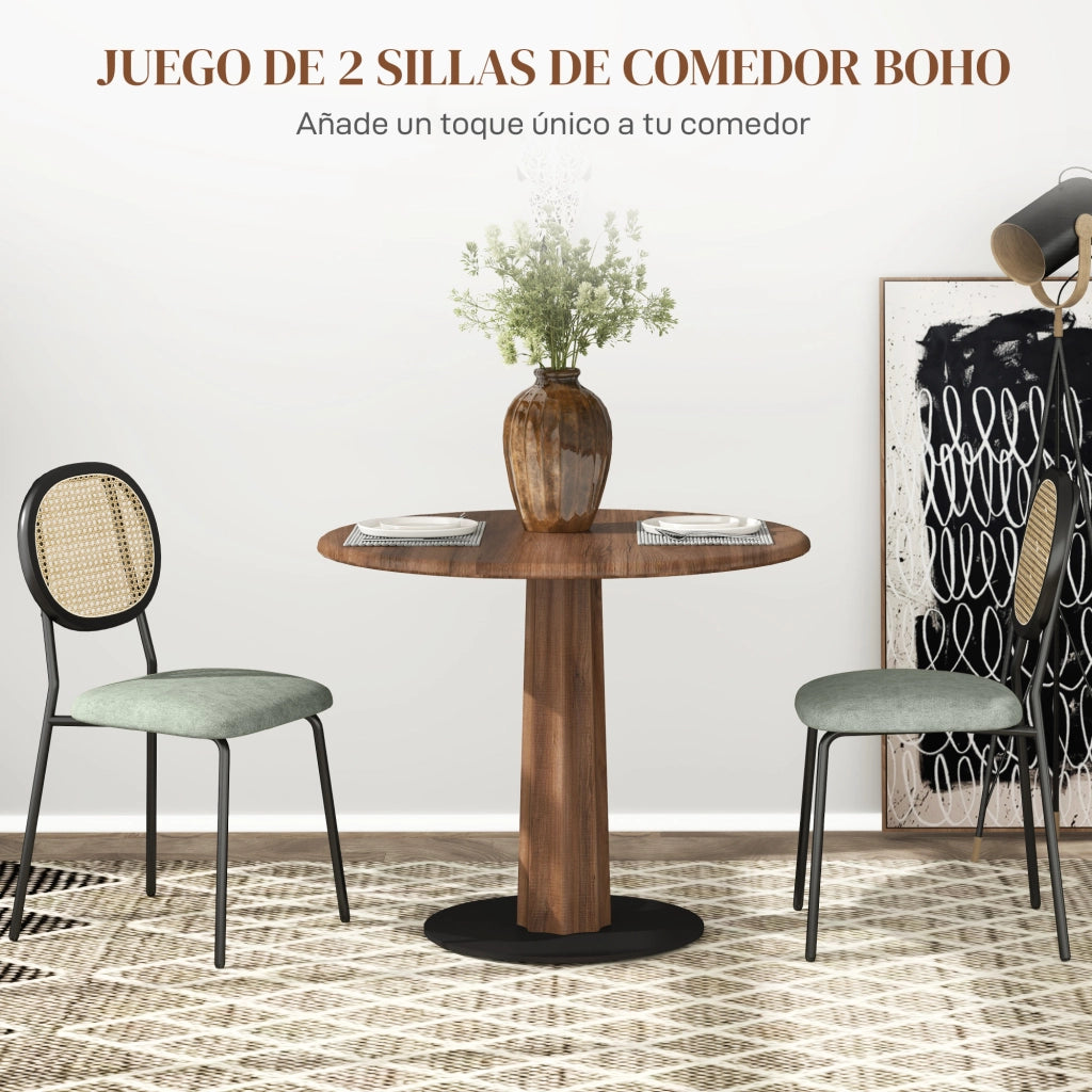 Sedia da Pranzo con Schienale in Rattan Sintetico e Struttura in Metallo ¨C Minimal ¨C Verde Scuro e Nero 44x54x87 cm