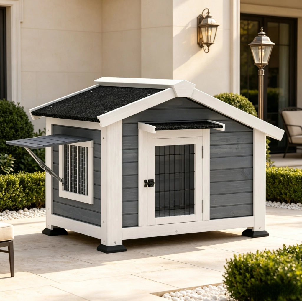Cuccia da esterno per cani 98x76x69,5 cm in legno e metallo grigio e nero