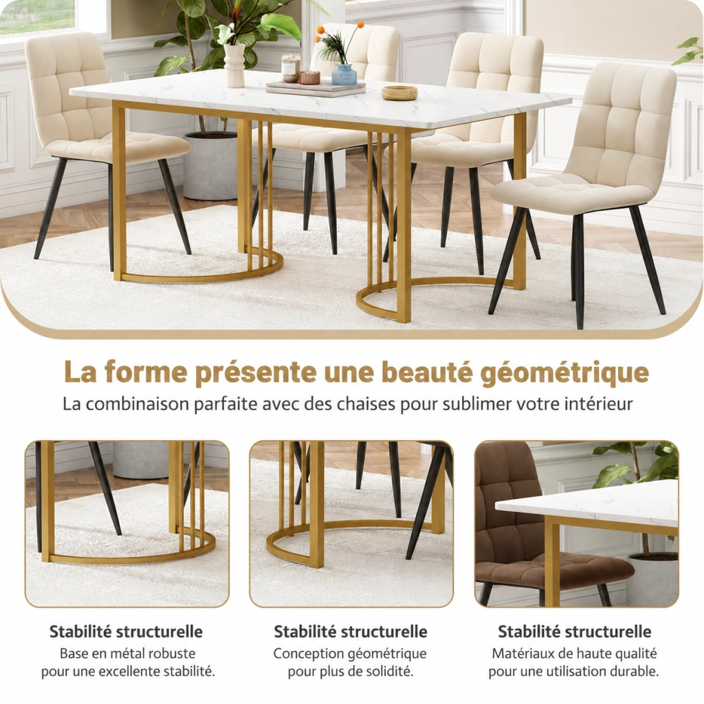 Tavolo da pranzo 140x80x75 cm con motivo marmo e piedini regolabili in MDF bianco