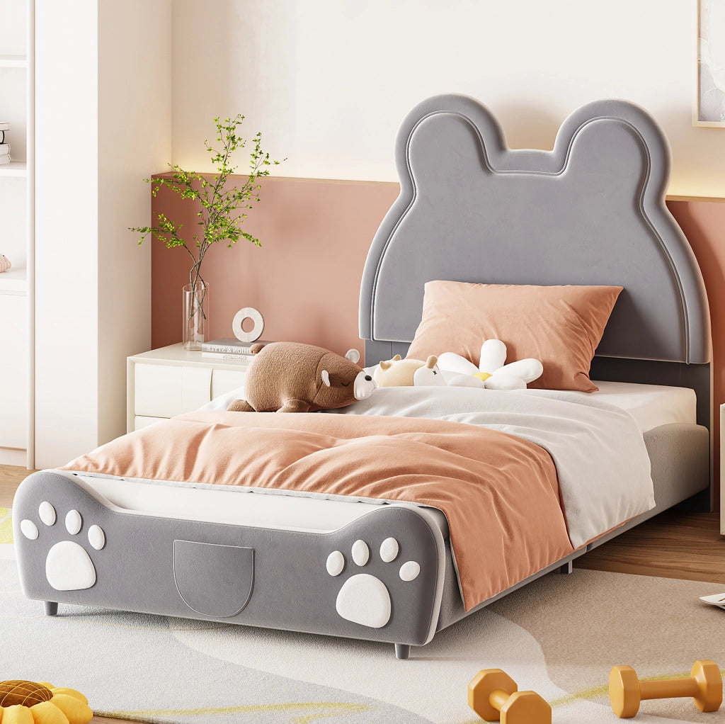 Letto imbottito per bambini a forma di orso 90x200 cm grigio