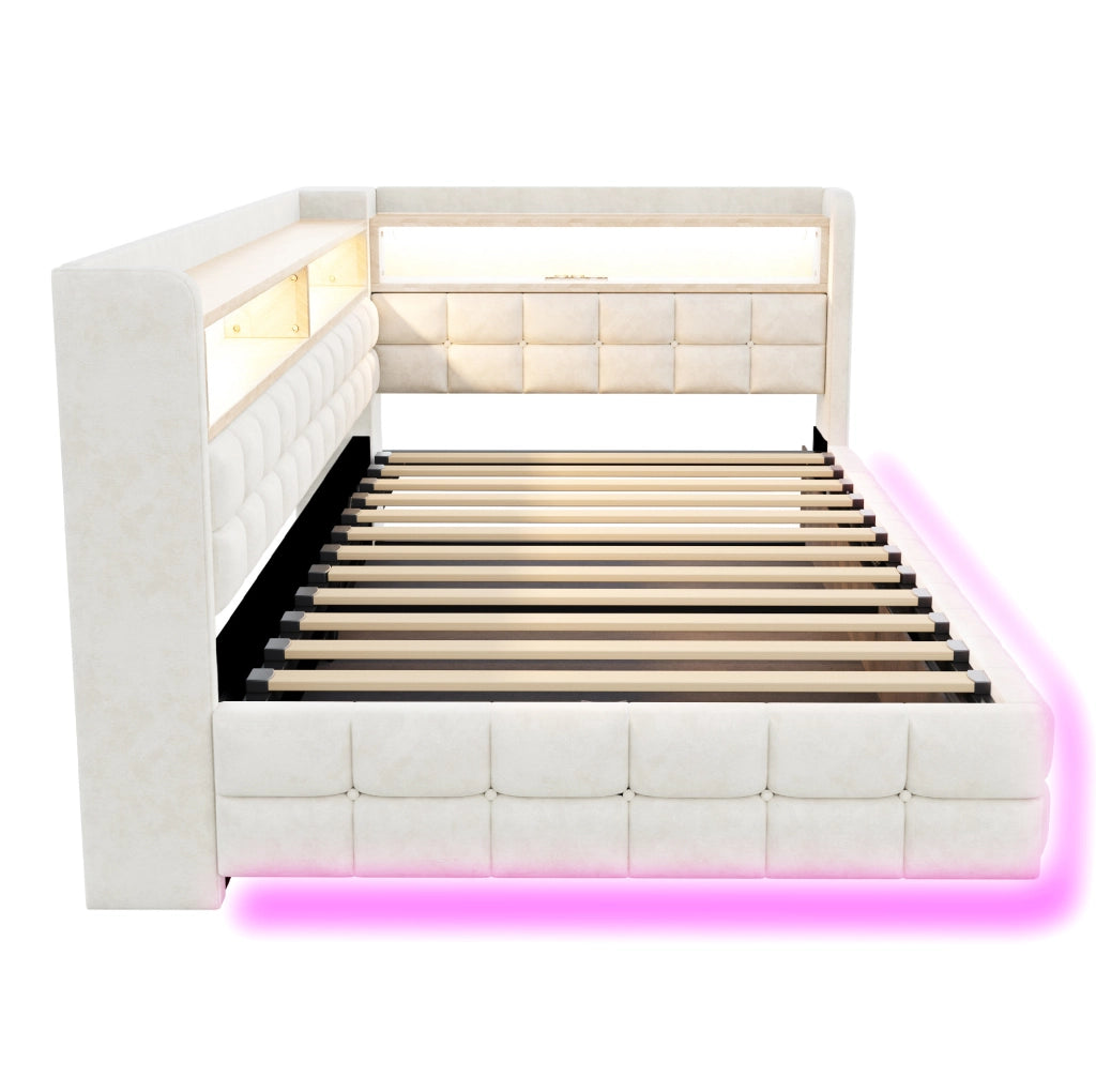 Letto singolo imbottito 90x200 cm con contenitore idraulico; LED e prese; beige