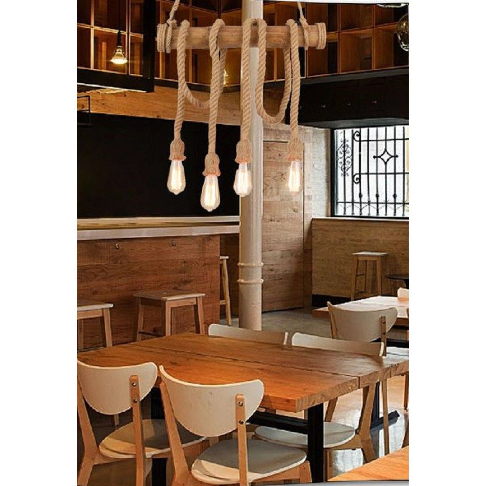 Trade Shop - Lampadario Sospensione Con Corda In Canapa 4 Portalampada E27 Stile Country B23 -