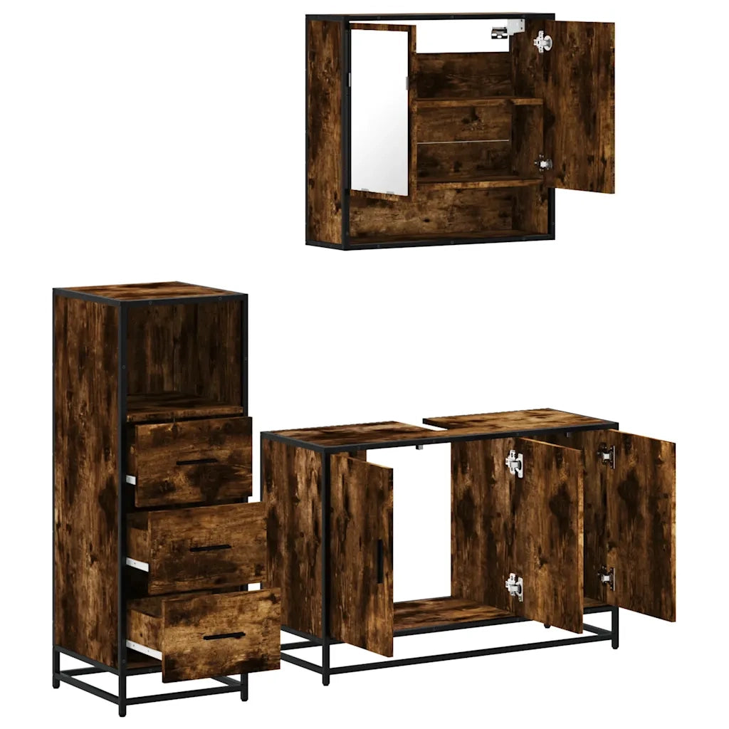 Set Mobili da Bagno 3 pz Rovere Fumo in Legno Multistrato 3301042