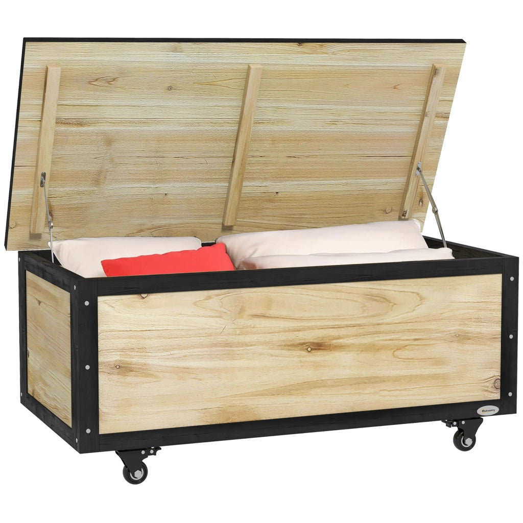 Cassapanca da esterno in legno massello di abete con 2 ruote, 121 l, per balcone e terrazzo, naturale 100 × 50 × 43 cm