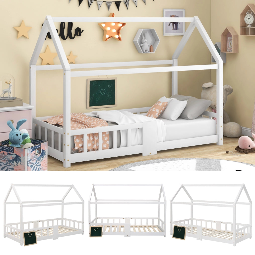 OKWISH Letto a Casetta 90×200 cm, Letto Singolo con Sponde di Sicurezza, Lavagna e 15 Doghe, senza Materasso, Bianco