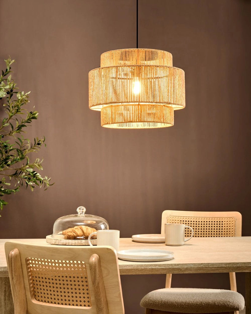 Lampada a sospensione Corda di carta naturale Base nera opaca Sala da pranzo Soggiorno Stile Boho