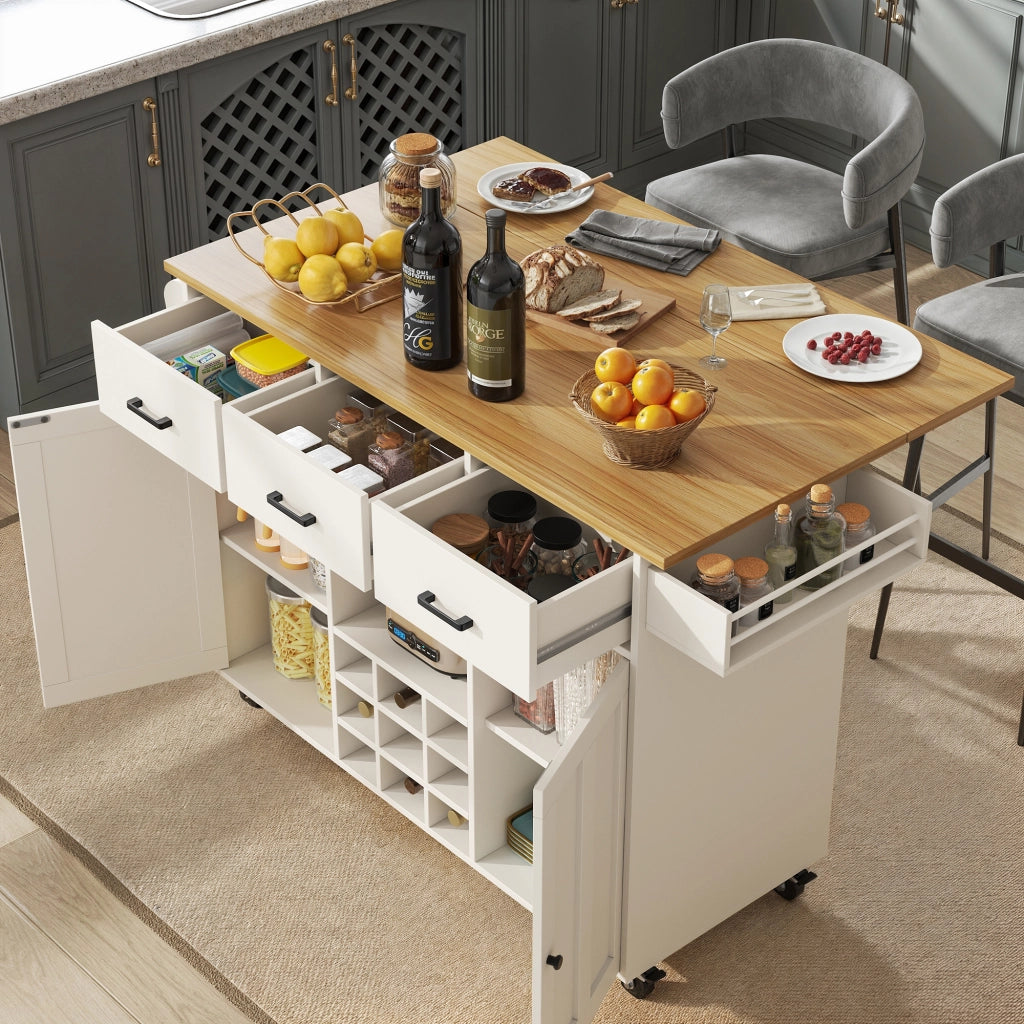 Carrello da Cucina con 3 Cassetti; 2 Ante; Portaspezie; Portaasciugamani e Piano Ribaltabile in MDF 104x39;5x91;5 cm Bianco