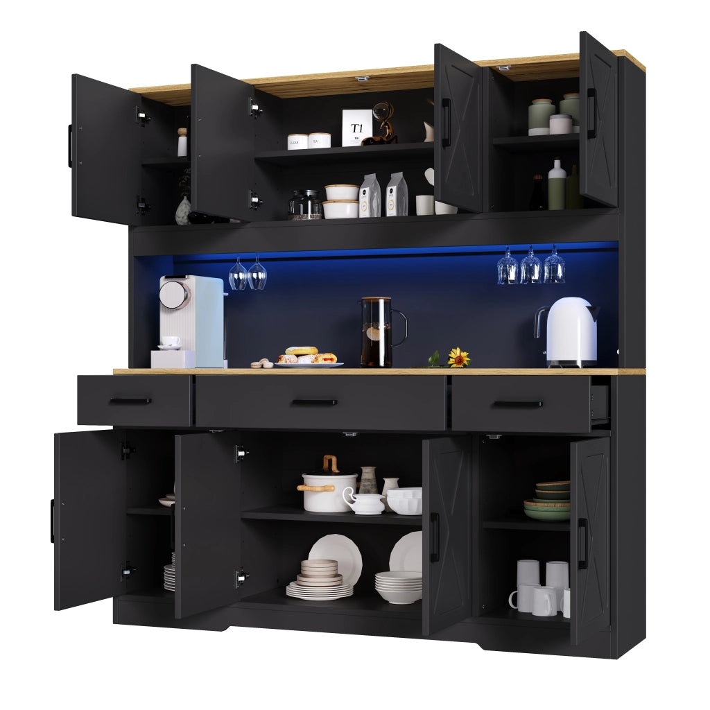 Credenza alta 150x40x180 cm con vani; 2 portabicchieri; presa; USB-A; USB-C e LED multicolore; nero e rovere