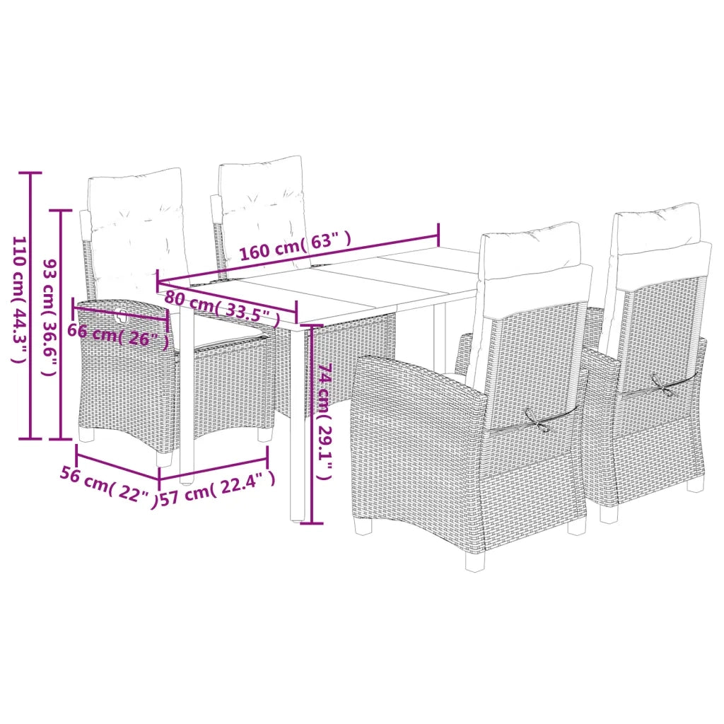 Set da Pranzo da Giardino 5 pz Nero con Cuscini in Polyrattan