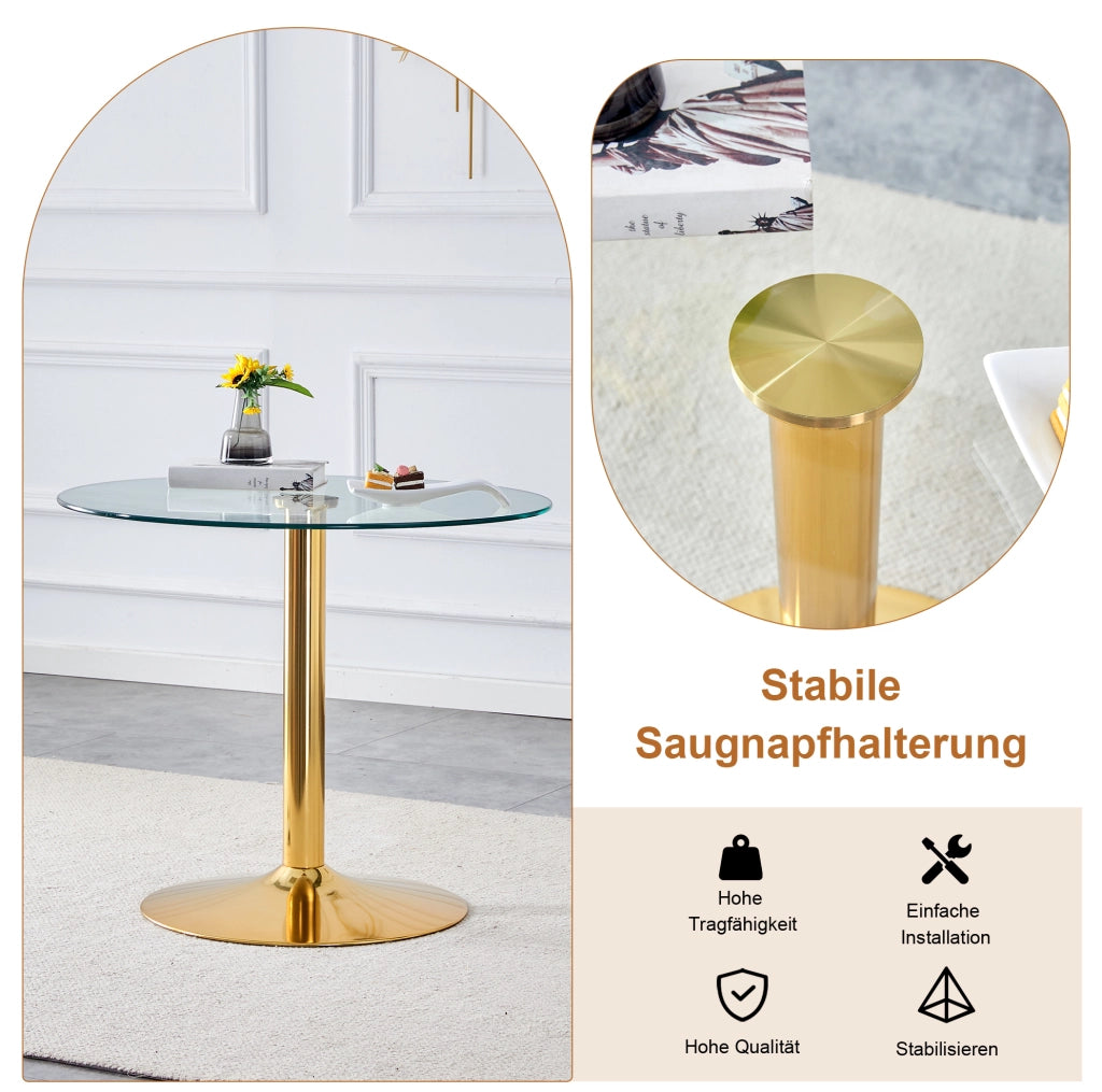 Set da pranzo con tavolo rotondo in vetro e sedie bianche e oro