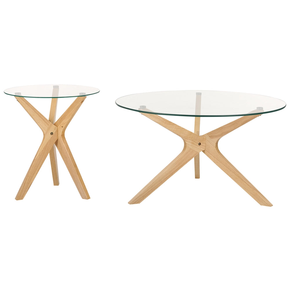 Set di 2 tavolini da caffè Legno chiaro Piano in vetro temperato Gambe in legno di gomma Rotondo Soggiorno moderno