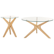 Set di 2 tavolini da caffè Legno chiaro Piano in vetro temperato Gambe in legno di gomma Rotondo Soggiorno moderno