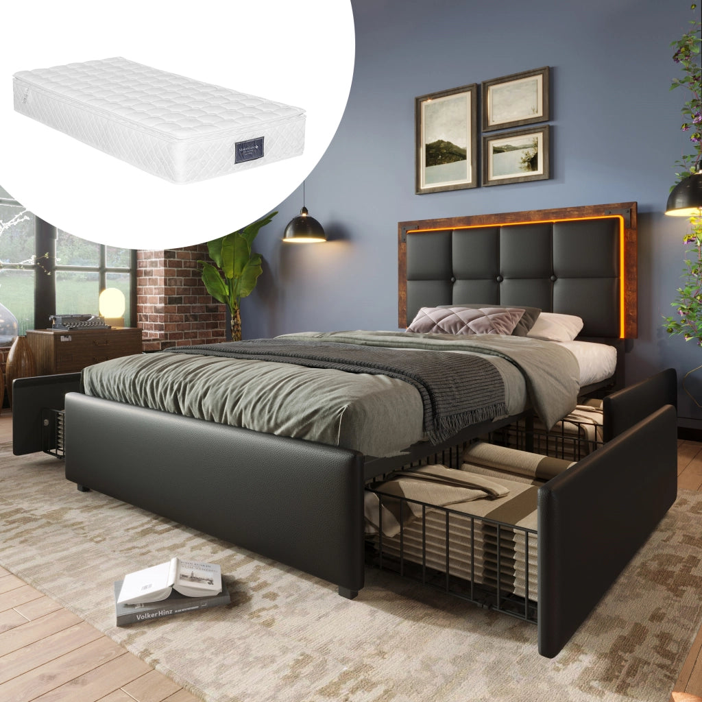 Letto singolo 90 × 200 cm con LED, 4 cassetti, testiera regolabile, con materasso, in PU nero