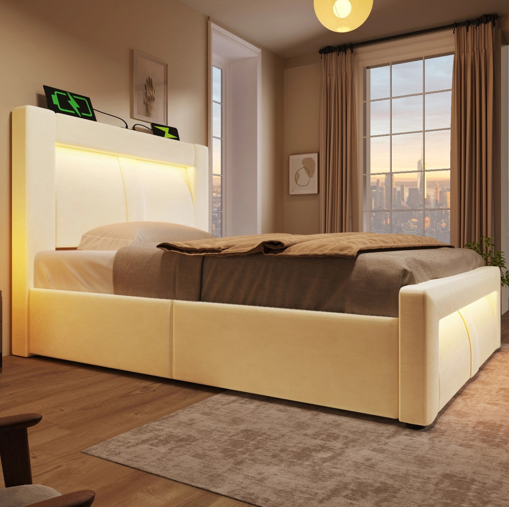 Letto contenitore 90x200 cm con LED; porte USB e USB C; velluto beige; senza materasso