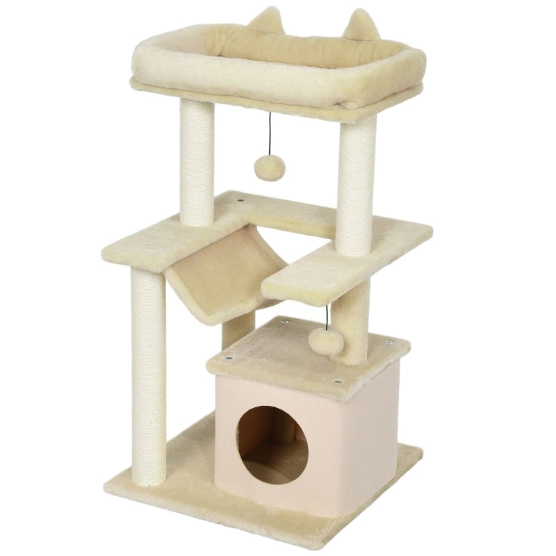 Tiragraffi per gatti multi-livello con amaca, cuccia e gioco a pallina, 48 x 48 x 90 cm, bianco crema