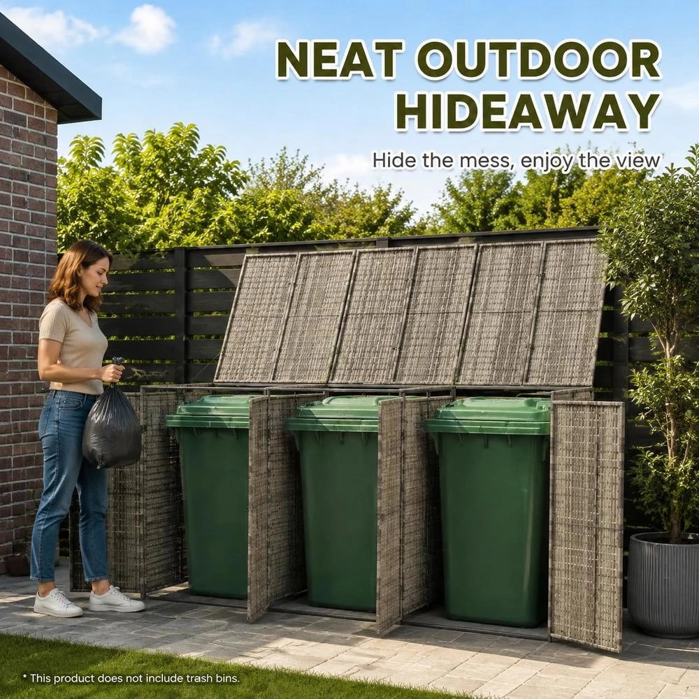 Bin Storage Unit For 3 Bins, Grey, 207x80x117 Cm, Poly Rattan