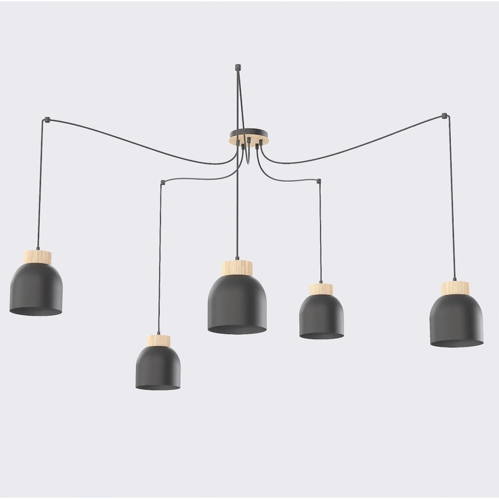 Lampada a sospensione KRU in metallo nero opaco e legno naturale