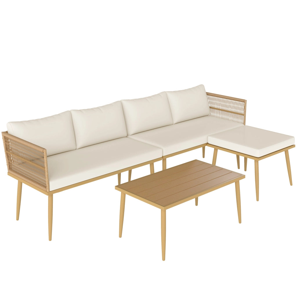 Set divano esterno 5 posti in polyrattan ¨C zephmum ¨C beige con cuscini, tavolino e pouf