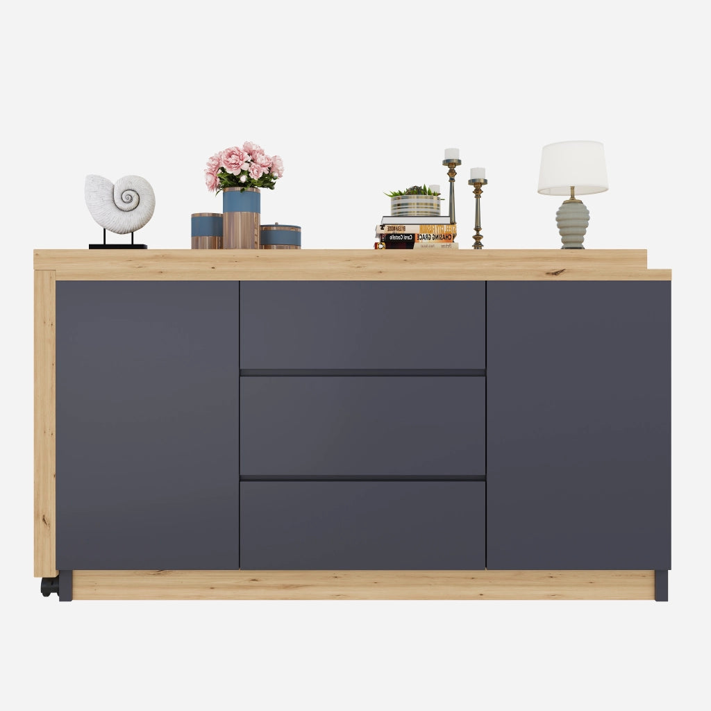 Scrivania pieghevole girevole 360° con rotelle frenanti, 120x50x76,5 cm, effetto grigio e quercia, con 2 porte e 3 cassetti