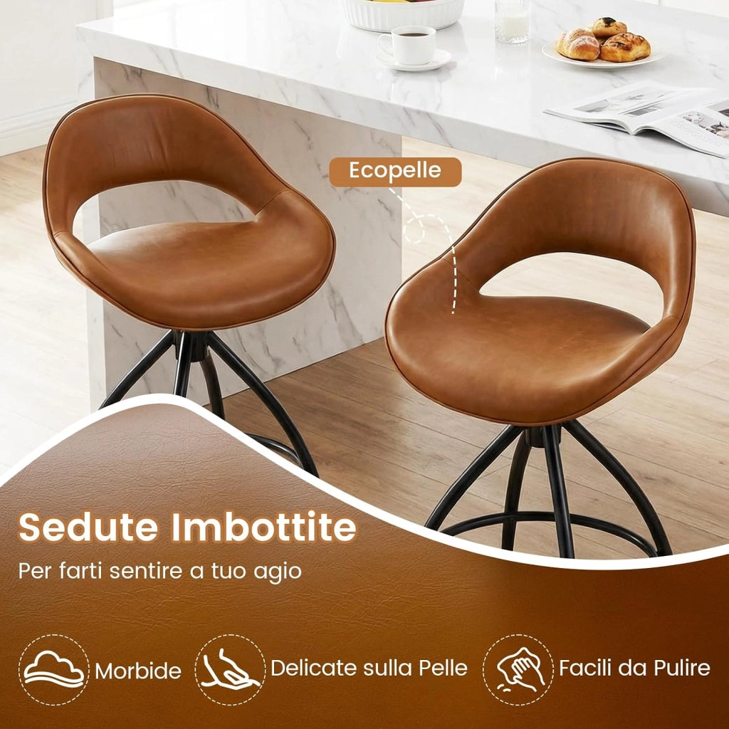 Set di 2 Sgabelli da Bar Girevoli 360° con Schienale e Poggiapiedi | Sedie da Pranzo Imbottite in Finta Pelle per Bar, Isola della Cucina e Sala da Pranzo, con Portata 150 kg