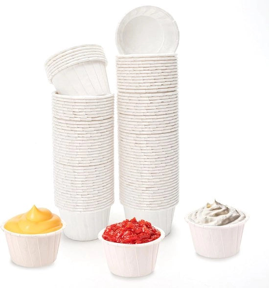 100 confezioni di bicchieri di carta, imballaggio monouso, 6,8 x 5 x 3,9 cm, contenitore e cassetta di stoccaggio per ketchup, cera per rimozione capelli e peli del naso, gelato, torta, salse, ramekin, bicchierini per shot, soufflé e portate di prova
