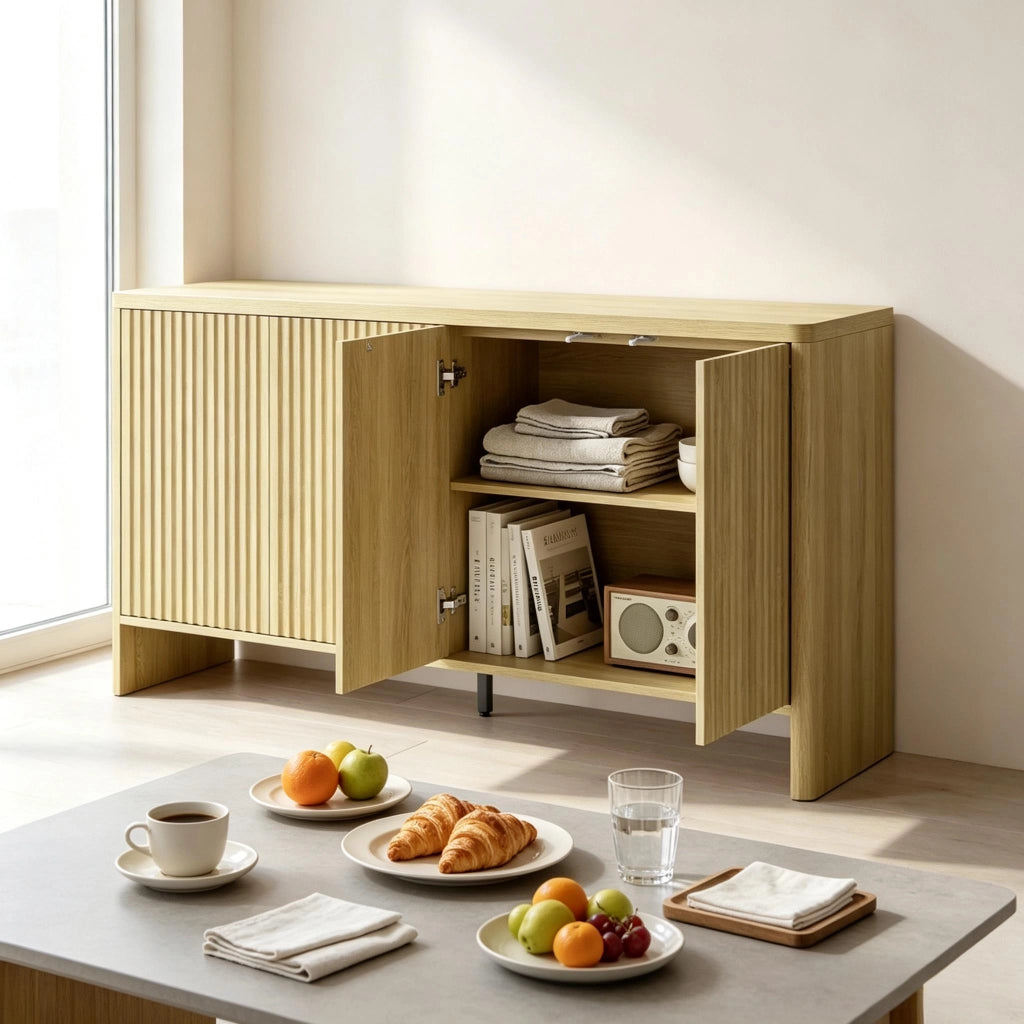 Credenza e madia con 2 ante e ripiani regolabili, finitura effetto rovere, per soggiorno e ingresso, 147 × 40 × 77 cm