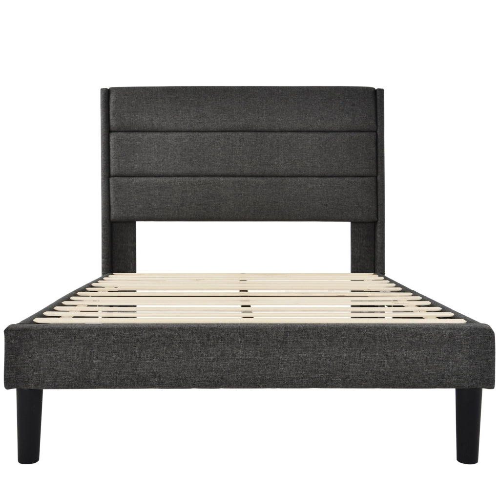 Letto singolo 90x200 in lino grigio con testiera e rete a doghe