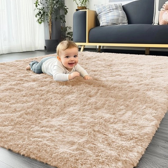 Tappeto Fluffycare con Antiscivolo e Base Antislip Lavabile per Salotto, Camera da Bambini, Camera da Letto - 120 x 160 cm, Beige