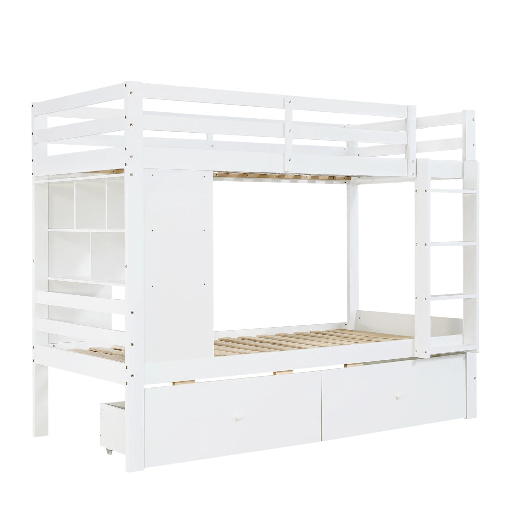 Letto a Castello 90 x 200 cm e 90 x 200 cm; 2 Posti - 2 Cassetti; Scala e Scaffale