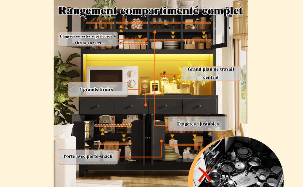 Credenza alta con LED RGB da app, 4 cassetti e ripiani regolabili per cucina e soggiorno in MDF nero 140 × 38,5 × 180 cm