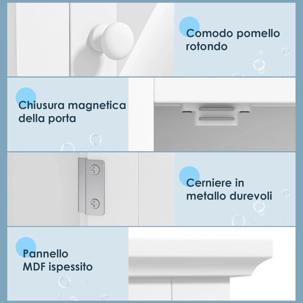 Armadietto Armadio a Specchio da Bagno, Arredo Specchio a Parete Mobiletto da Muro in Legno, Ripiani Regolabili, 56x14x69 cm (Bianco)