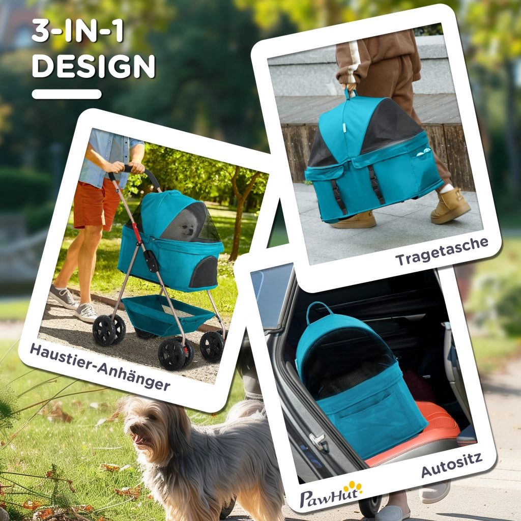 Carrello per Animali 3 in 1 Pieghevole con Ruote e Borsa ¨C zephmum ¨C Turchese