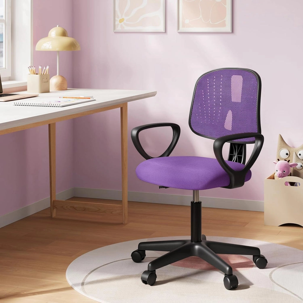 Sedia da Scrivania per Bambini, Sedia da Studio Girevole, Ergonomica con Ruote, Tessuto a Rete Traspirante, Sgabello Girevole con Schienale Regolabile Automaticamente, Viola