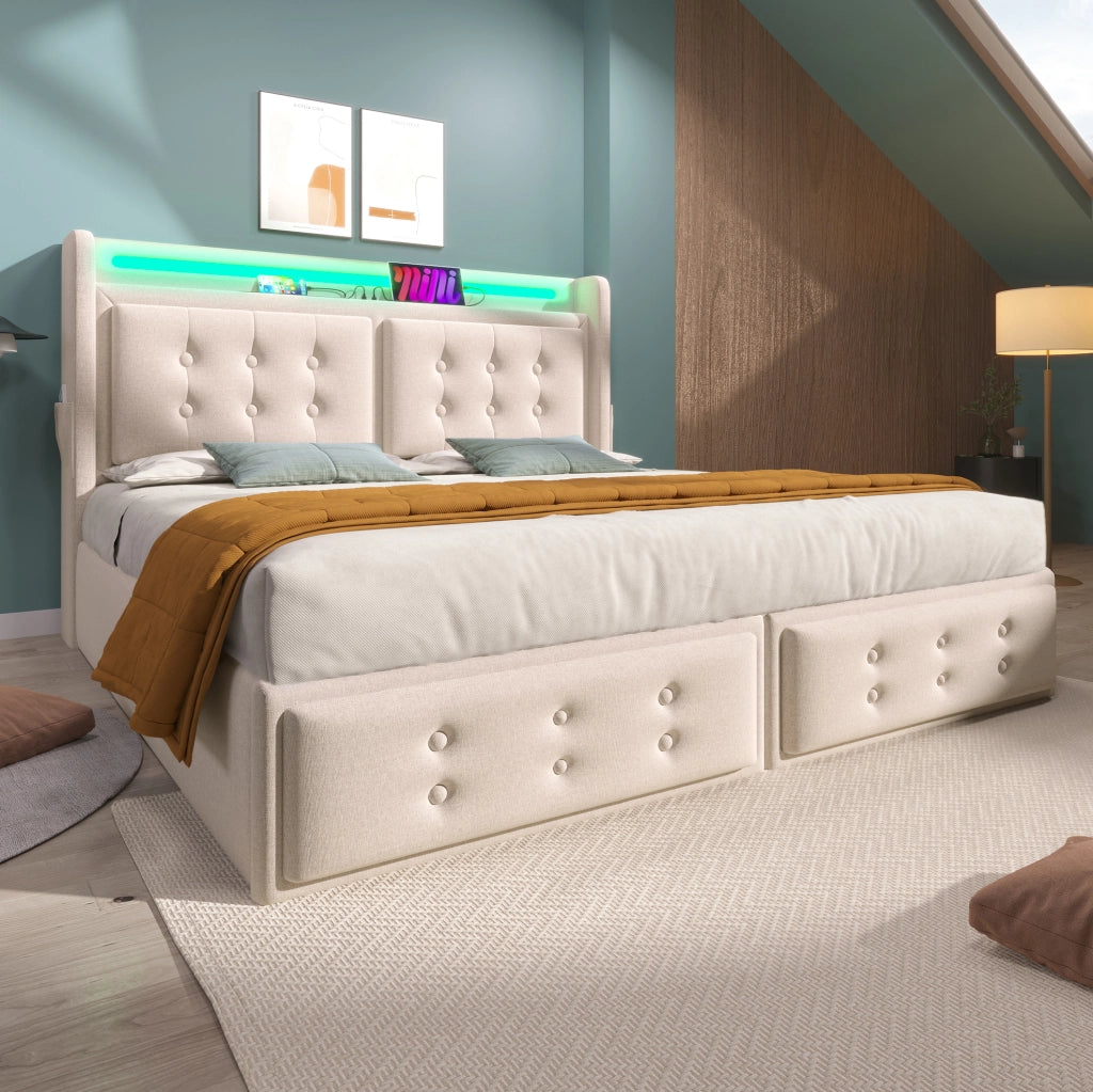 Letto matrimoniale imbottito ULEVR 180x200 cm con contenitore idraulico, LED, prese USB e USB-C, beige