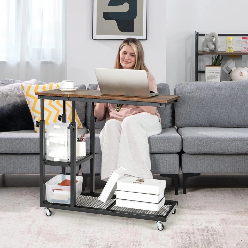 Tavolino Laterale, a Forma di C, Reclinabile a 5 Livelli, 3 Ripiani da Portata, Tavolino da Divano con Ruote, Industriale, Supporto in Ferro, Portata di 20 kg, 80x40x95 cm
