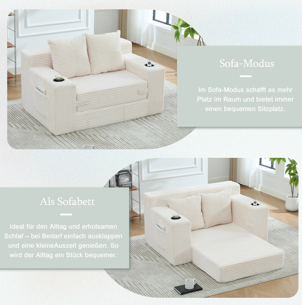 Pouf sofa in velluto a coste beige con 2 cuscini e tasche laterali; 151x133x64 cm
