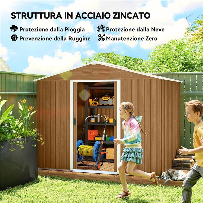 CASETTA DA GIARDINO IN LAMIERA DI ACCIAIO CON PORTE SCORREVOLI, 236X174X190CM, MARRONE