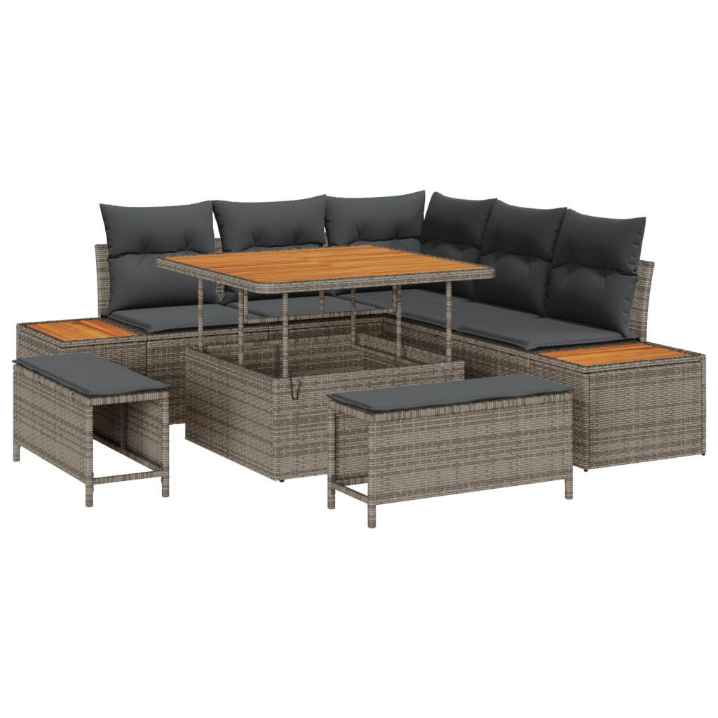 Set Divano da Giardino di 8 Pezzi con Cuscini Grigio Polyrattan Acacia
